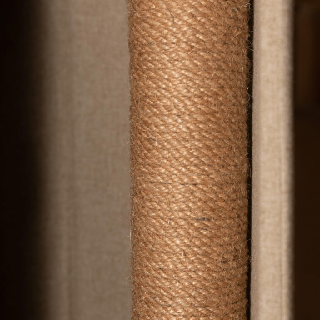 Detailed view of the sisal scratching post in the beige Time Travel Cat Tower, designed for durable and satisfying scratching for cats.