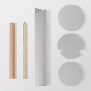 Three Time Travel Cat Tower components and accessories line-up.