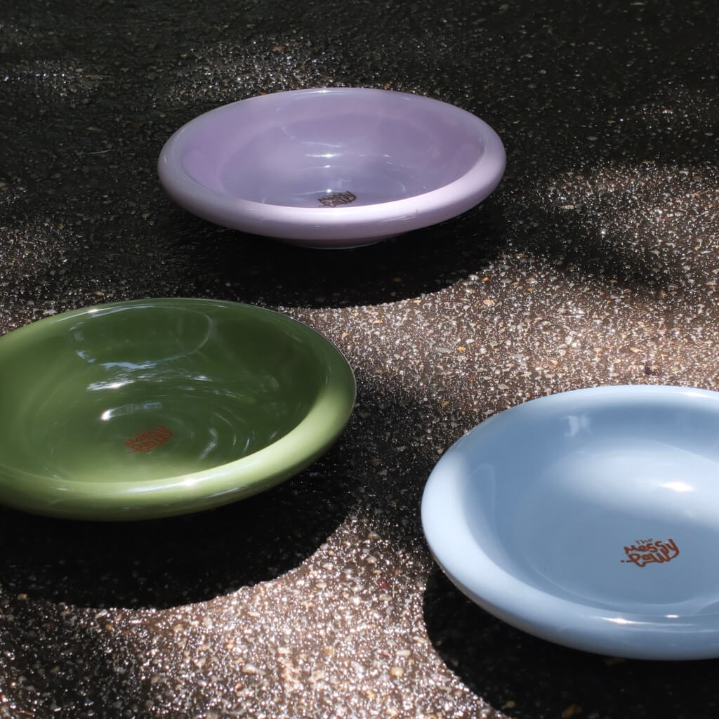 Pewos × Messy Paws shallow ceramic pet dishes in light purple, forest green and sky blue on outdoor pavement—whisker-friendly cat bowls.