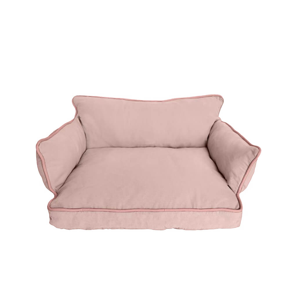 Cozy Pet Sofa Bed - Piped #2 Strawberry + #5 Dora’s Wall, minimalist design with pink piping.