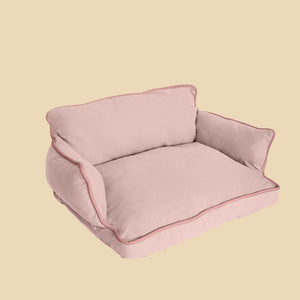 Side view of Cozy Pet Sofa Bed - Piped #2 Strawberry + #5 Dora’s Wall, minimalist eco-friendly pet bed.