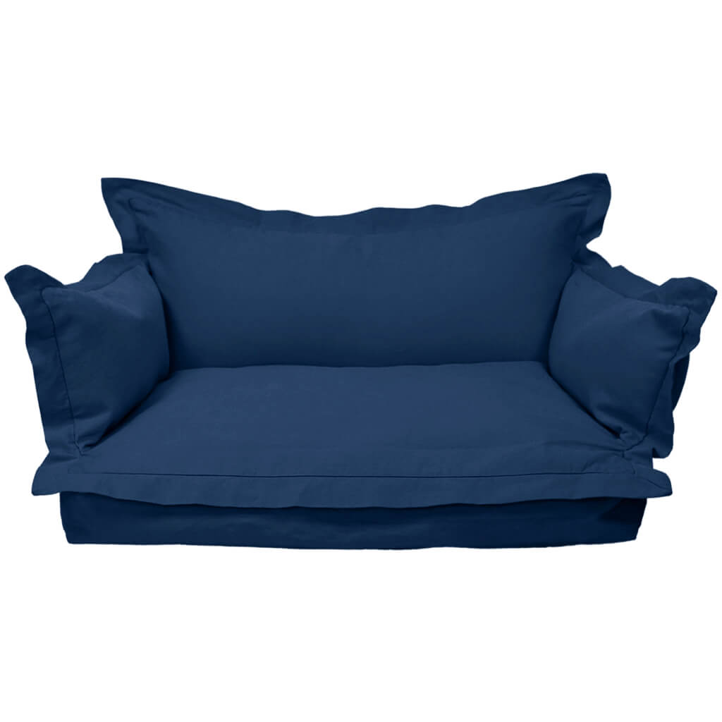 Cozy Pet Sofa Bed in dark blue, elegant design with soft pillows for added pet comfort.