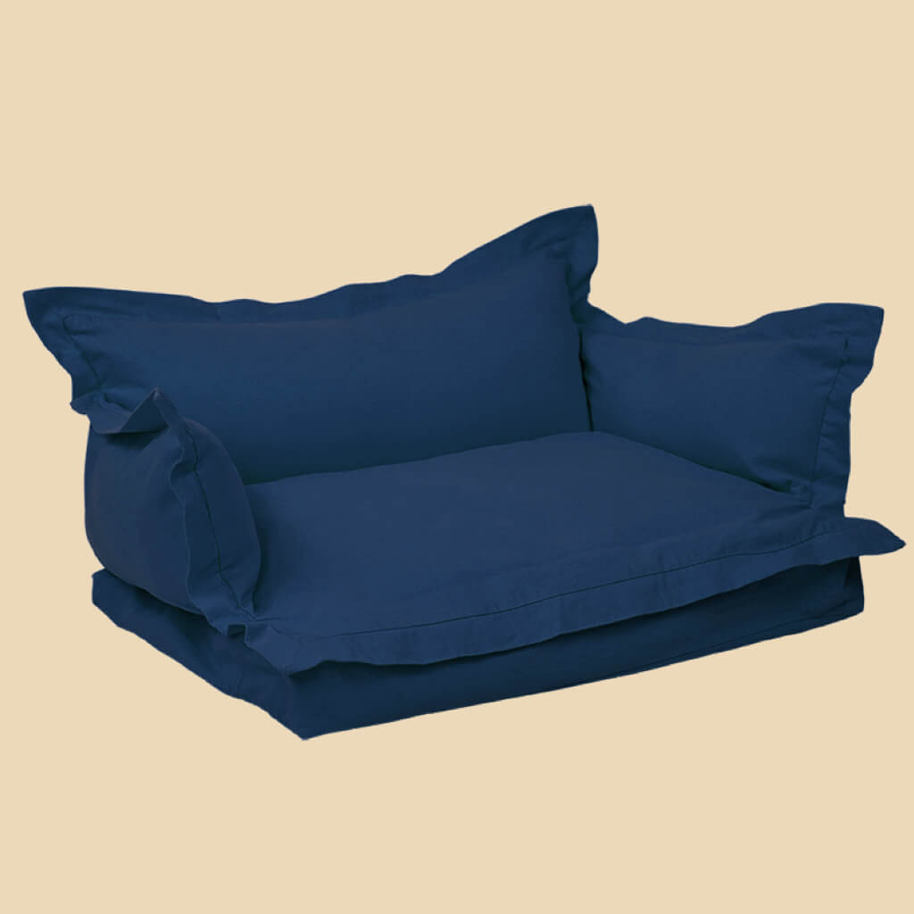 Elegant blue pet sofa bed with removable pillows and washable covers for easy maintenance.