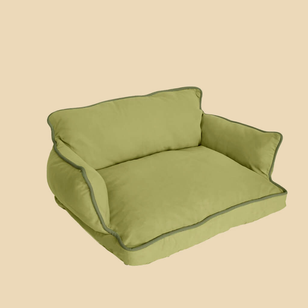Cozy Pet Sofa Bed - Piped #32 Summer Maple + #31 Jun Green - angled view showcasing minimalist design and contrasting green piping.