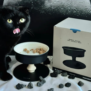 Black cat eating from Bamboo Island elevated ceramic pet bowl; magnetic stand and retail box displayed.