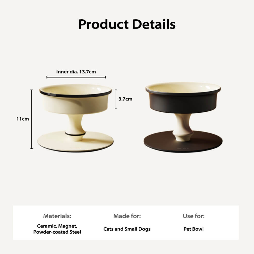 Bamboo Island pet bowl size & materials graphic: 11 cm height, 13.7 cm inner diameter; ceramic bowl, magnetic stand, powder-coated steel; for cats & small dogs.