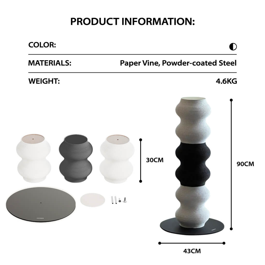 Coral Cat Scratcher product info—black/white modular post, 3×30 cm sections, 90 cm height, 43 cm base; paper-vine & powder-coated steel, 4.6 kg.