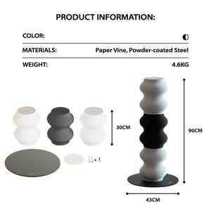 Coral Cat Scratcher product info—black/white modular post, 3×30 cm sections, 90 cm height, 43 cm base; paper-vine & powder-coated steel, 4.6 kg.