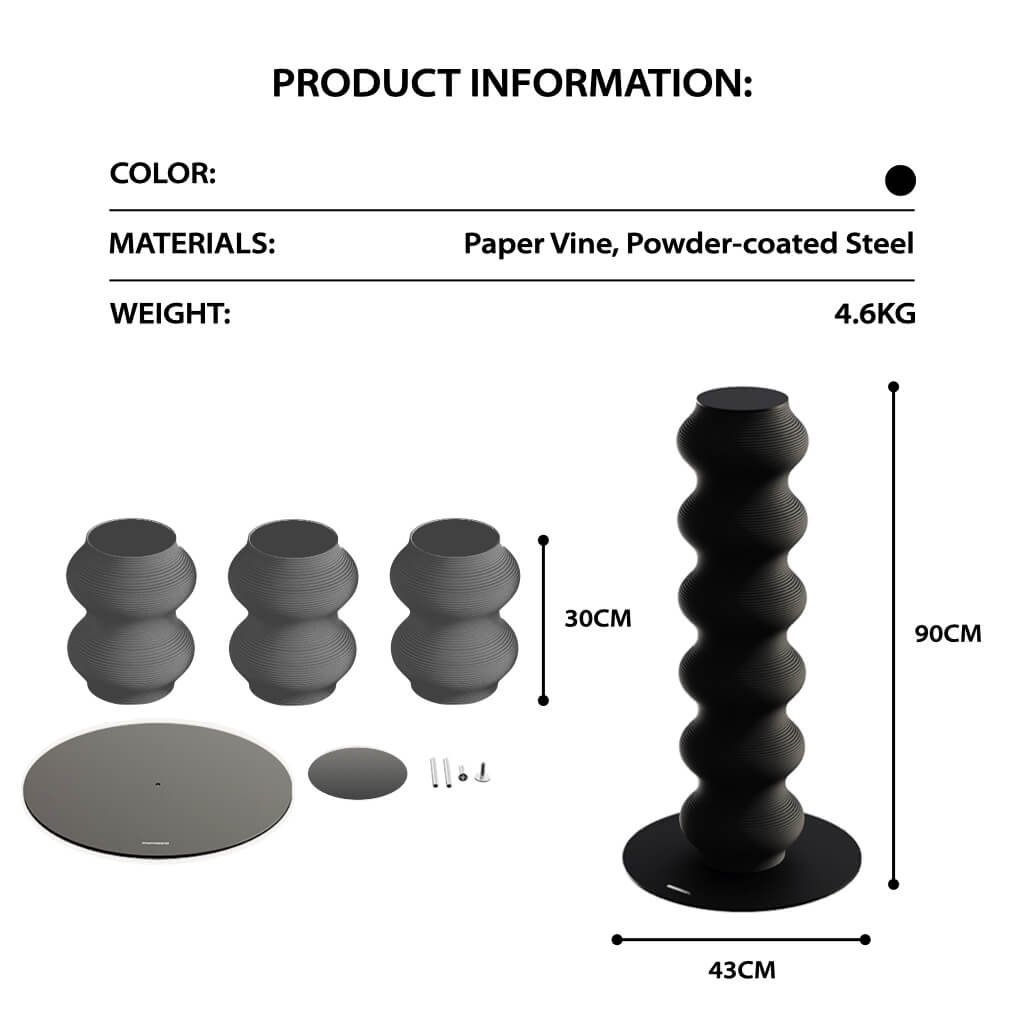 Momoland Coral Scratcher product info — black wavy cat scratching post, 3 modular 30 cm sections, 90 cm height, 43 cm base; paper vine & powder-coated steel, 4.6 kg.