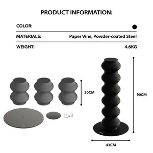Momoland Coral Scratcher product info — black wavy cat scratching post, 3 modular 30 cm sections, 90 cm height, 43 cm base; paper vine & powder-coated steel, 4.6 kg.