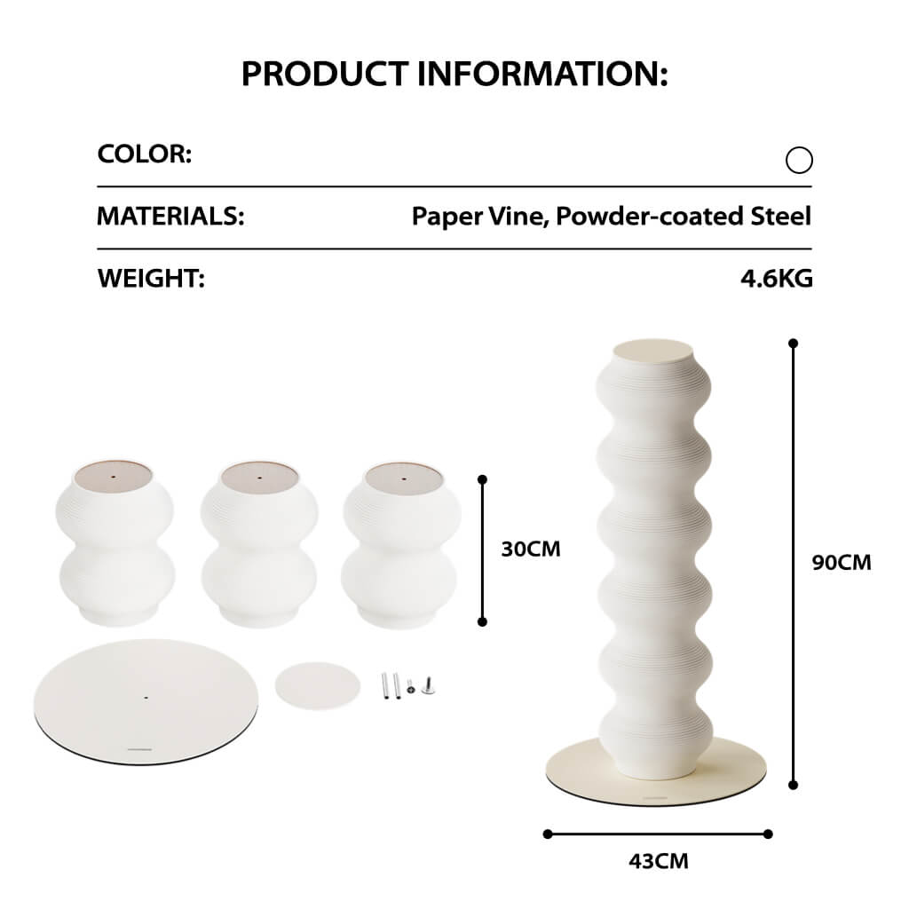 Momoland Coral Scratcher product info — white wavy cat scratching post, 3 modular 30 cm sections, 90 cm tall, 43 cm base; paper vine & powder-coated steel, 4.6 kg.
