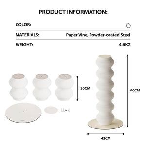 Momoland Coral Scratcher product info — white wavy cat scratching post, 3 modular 30 cm sections, 90 cm tall, 43 cm base; paper vine & powder-coated steel, 4.6 kg.