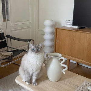 White Momoland Coral Scratcher – Minimalist Wavy Cat Scratching Post beside TV console; fluffy blue-eyed cat in modern living room for scale; indoor cat furniture.