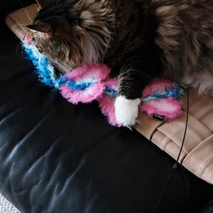A fluffy cat playing with a blue butterfly-shaped attachment on a light-colored carpet, showing off the toy's interactive nature.