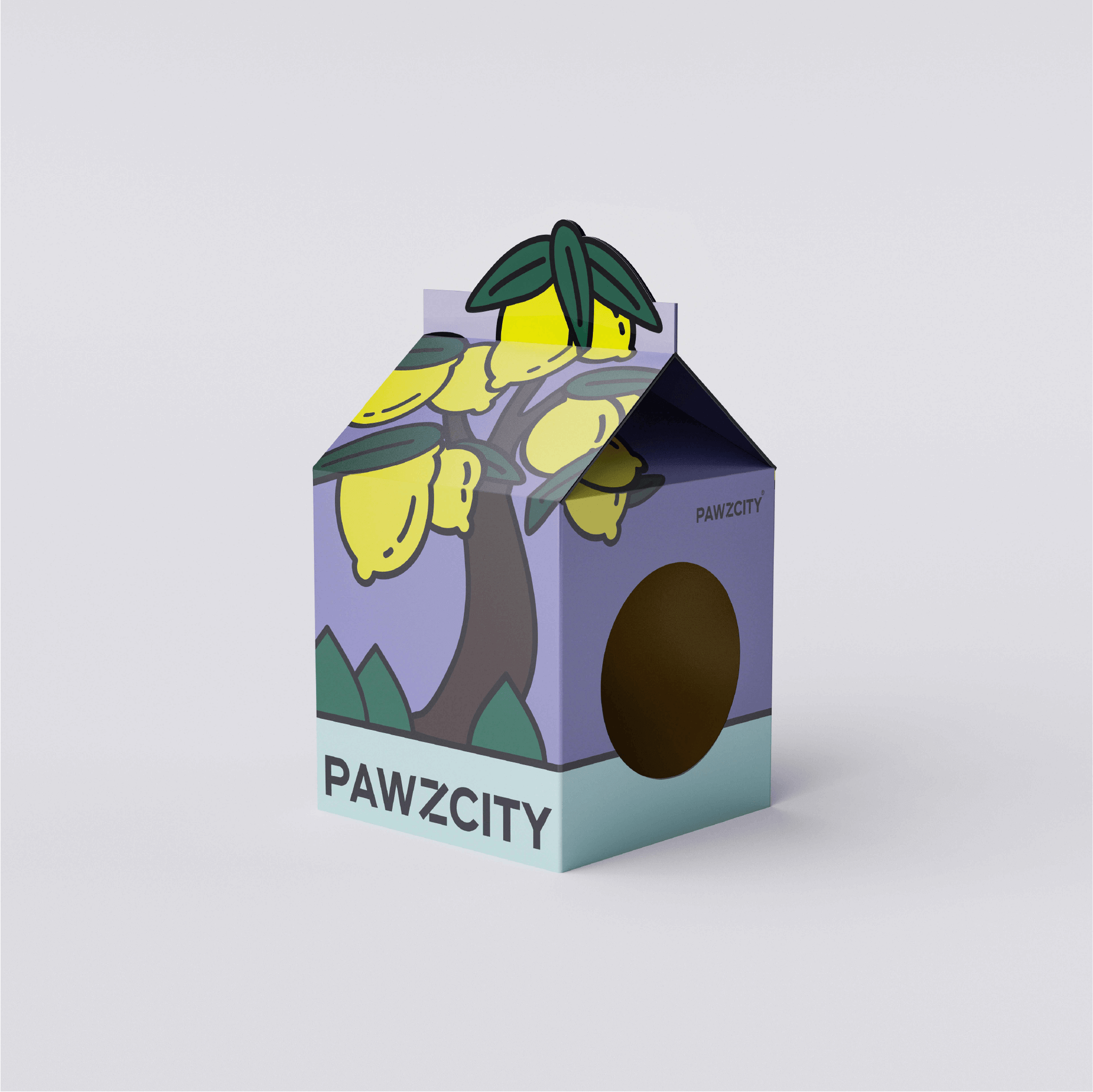 Bonsai MilkBox Cat House and Scratcher in Lemon design featuring playful illustrations of plant forms on a milk carton-shaped bed.