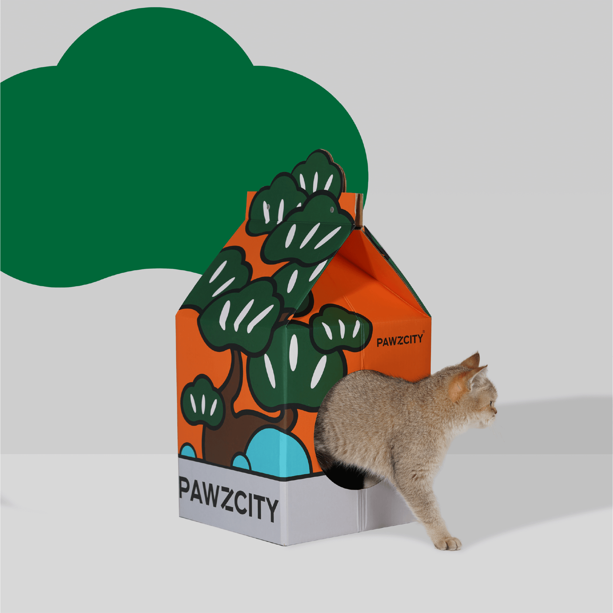 Bonsai MilkBox Cat House and Scratcher in Pine design, featuring a durable scratcher and bold, vibrant illustrations.