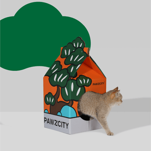 Bonsai MilkBox Cat House and Scratcher in Pine design, featuring a durable scratcher and bold, vibrant illustrations.