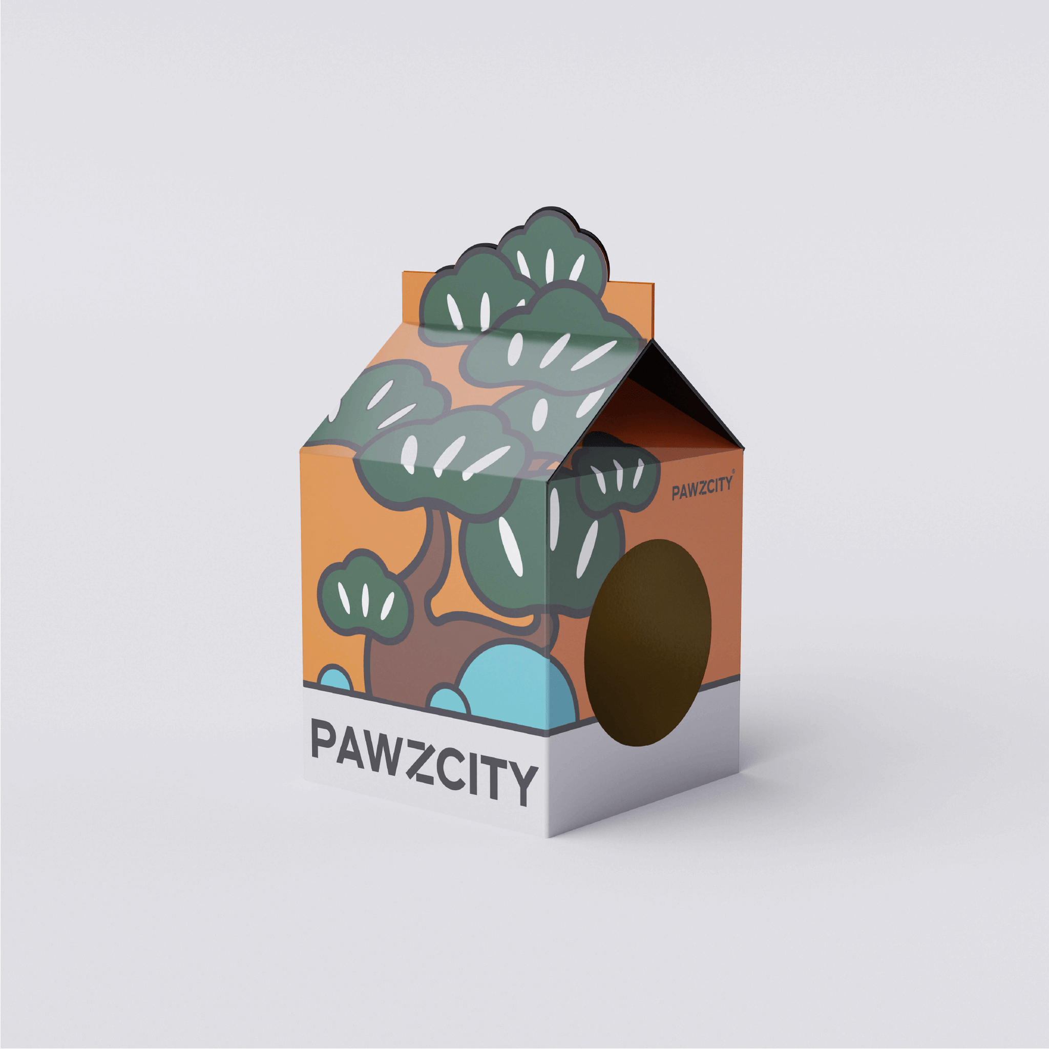 Bonsai MilkBox Cat House and Scratcher in Pine design, featuring a durable scratcher and bold, vibrant illustrations.