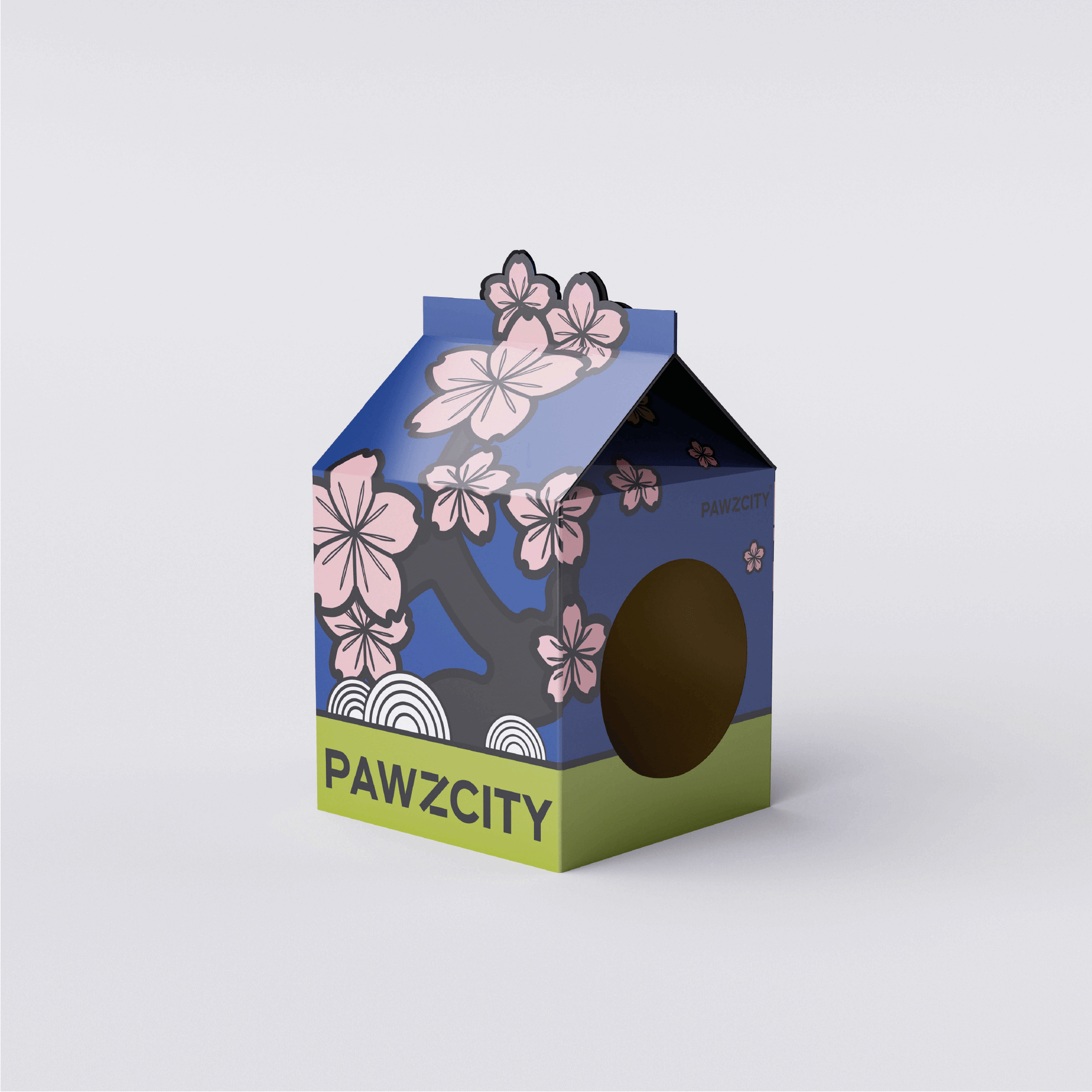 Bonsai MilkBox Cat House and Scratcher in Sakura design, inspired by Japanese cherry blossoms with eco-friendly corrugated paper material.