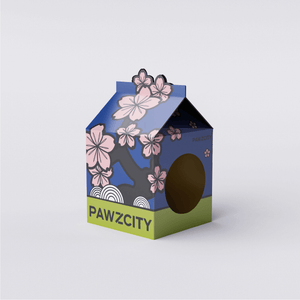 Bonsai MilkBox Cat House and Scratcher in Sakura design, inspired by Japanese cherry blossoms with eco-friendly corrugated paper material.
