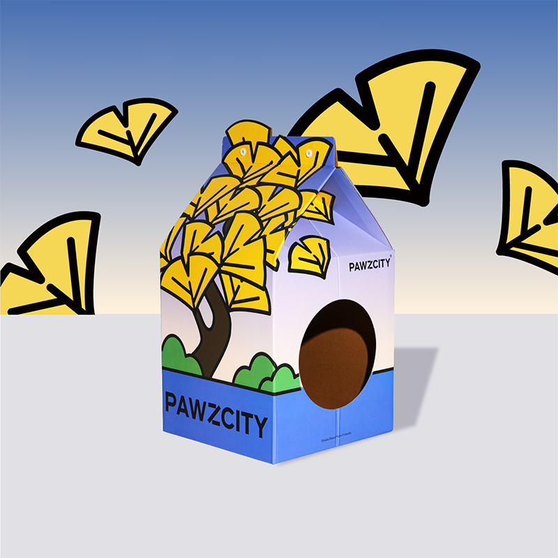 Yellow Ginkgo Bonsai MilkBox Cat House with ginkgo leaf pattern.