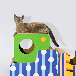 A playful cat resting on the top of Pawzcity’s modular cat scratcher set.