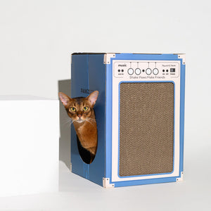 Cat peeking out of the round entry hole of blue Pawzcity speaker-style cardboard cat house – multifunctional scratcher and hideaway.