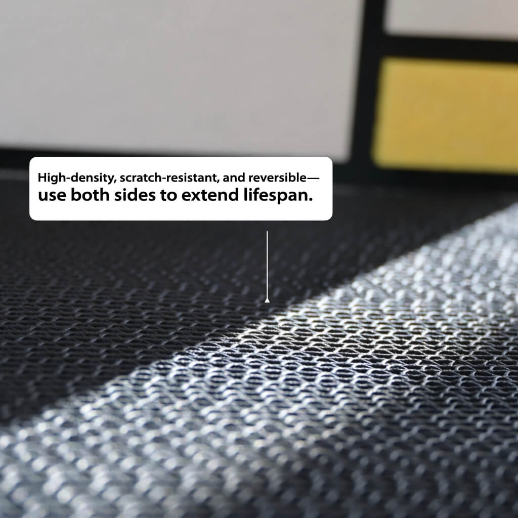 Close-up of high-density corrugated base on L-shaped corner cat scratcher—scratch-resistant, reversible, non-slip.