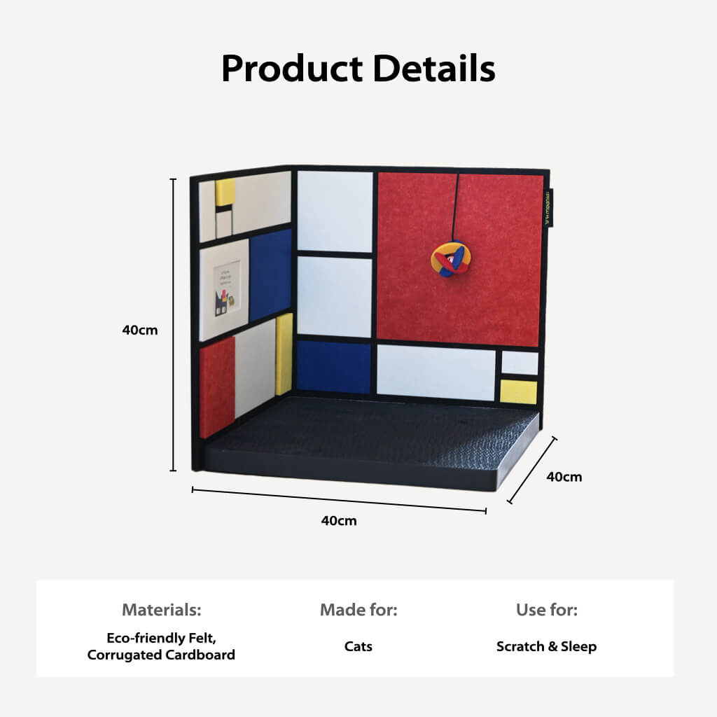 Size chart—corner cat scratcher dimensions 40×40×40 cm; eco-friendly felt and corrugated cardboard.