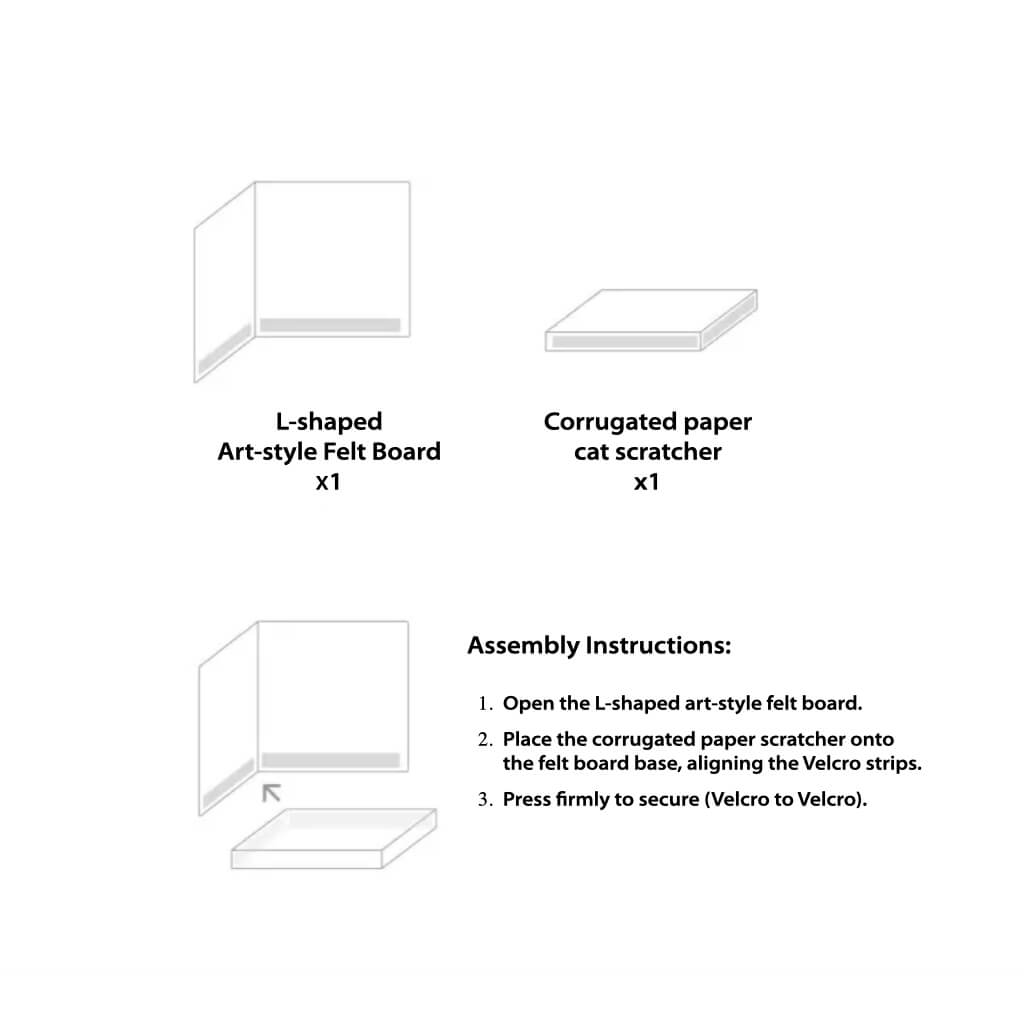 Assembly diagram—L-shaped felt board and corrugated cardboard base with Velcro attachment.
