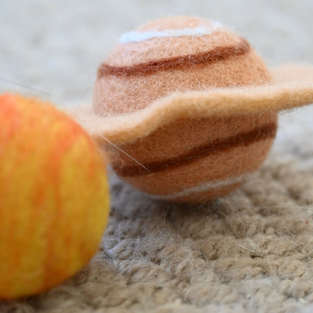 Saturn felt ball with ring and yellow Sun — durable wool cat toy set.