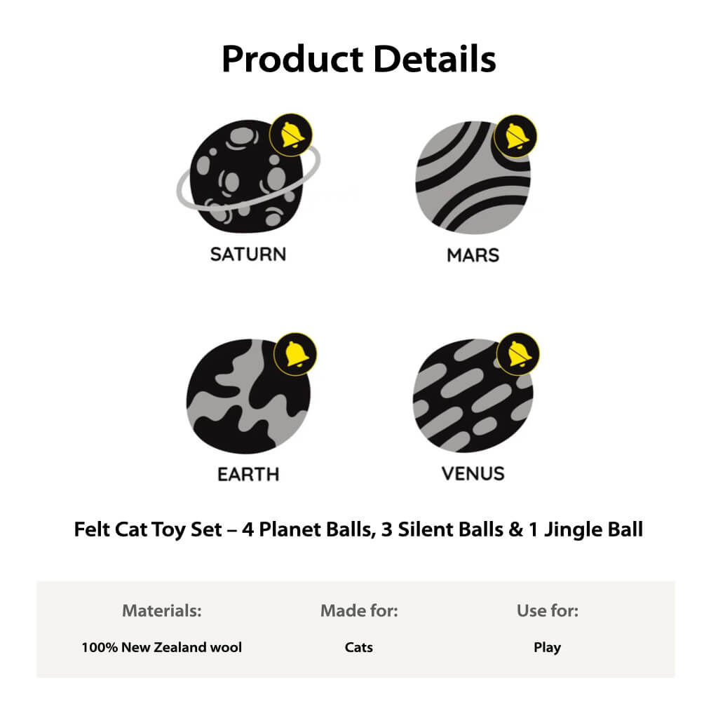 Product details graphic — solar system felt cat toy set, 4 planet balls (3 silent + 1 jingle), 100% NZ wool.