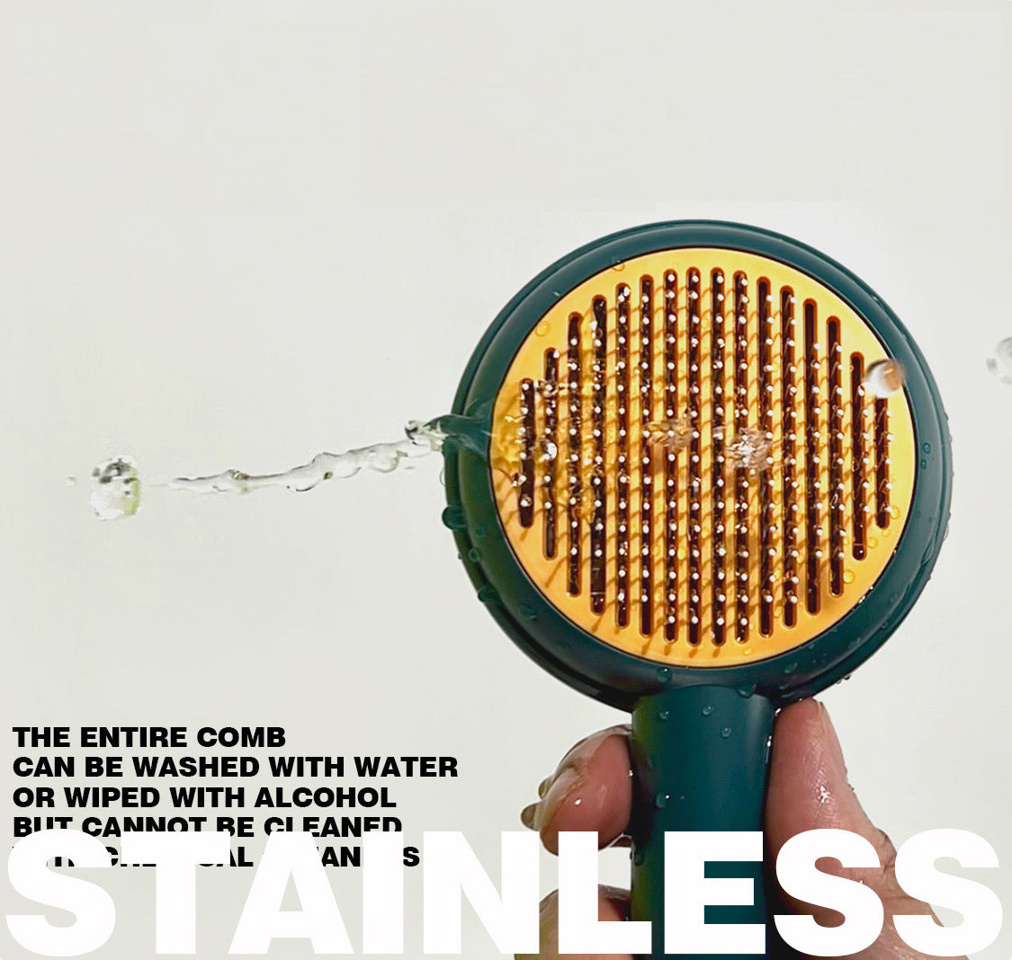 Close-up of the stainless steel pins on the Design Pet Grooming Comb Brush being washed.