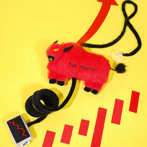 Bull market themed self-play cat toy with red plush bull and rising chart design