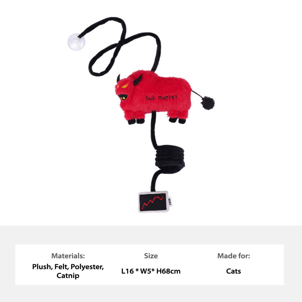 Product flat lay showing bull market cat toy with plush, polyester, and catnip materials listed
