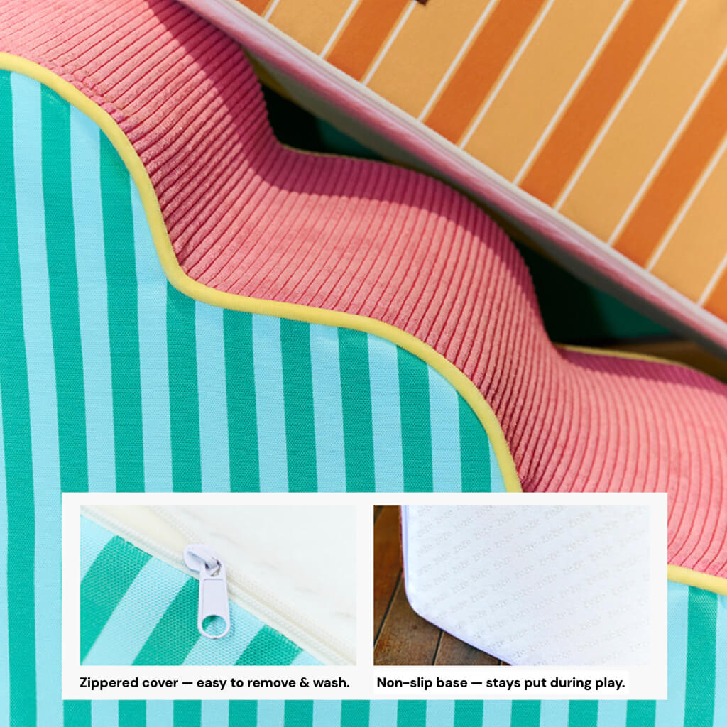 Close-up of ZEZE foam pet stairs showing ribbed non-slip tread, zippered washable cover, and anti-slip base for stability.