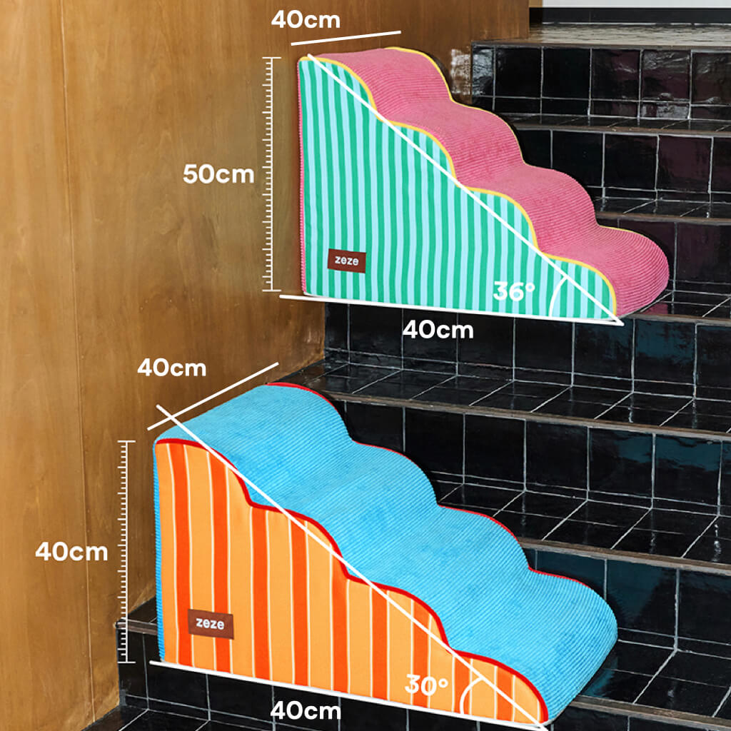 ZEZE pet stairs dimensions: 50 cm height at 36° and 40 cm height at 30°—non-slip dog & cat steps for bed and sofa access.