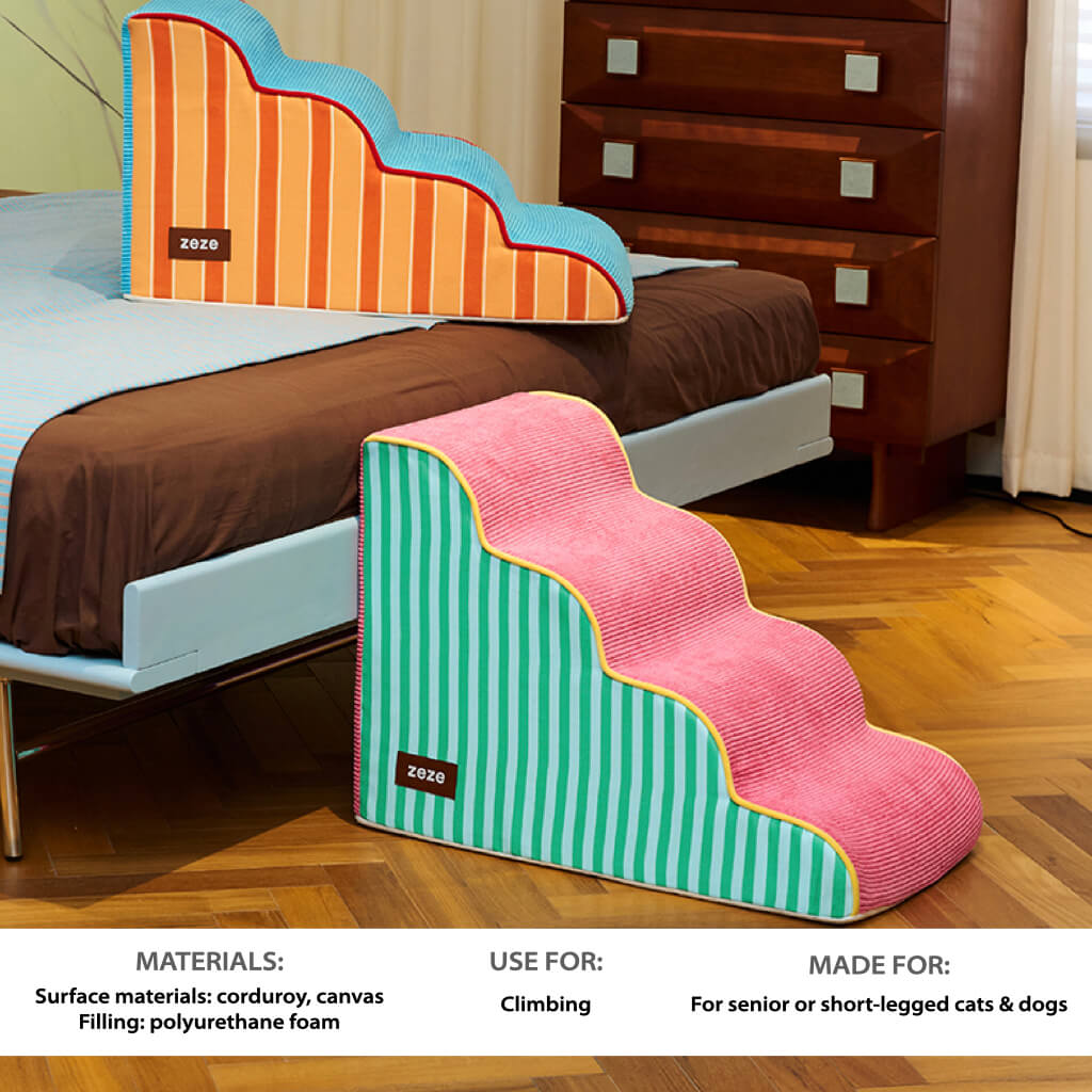 ZEZE foam dog & cat stairs by the bed; materials callout: corduroy/canvas cover, polyurethane foam—ideal for seniors and short-legged pets.