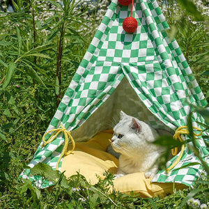 Green Check Pet Teepee – Cozy Cotton Tent Bed for Cats & Small Dog – Pewos