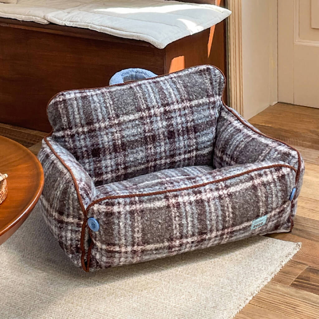 ZEZE plaid bolster pet sofa bed—standalone view with high backrest and raised sides for cats and dogs.