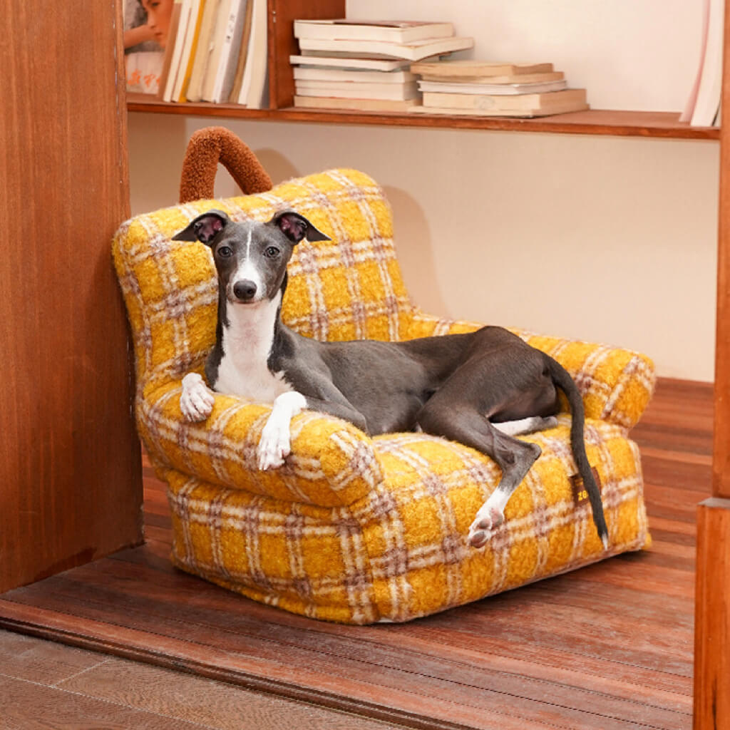 ZEZE yellow plaid armchair-style pet bed—bolstered single-size chair for small dogs and cats.