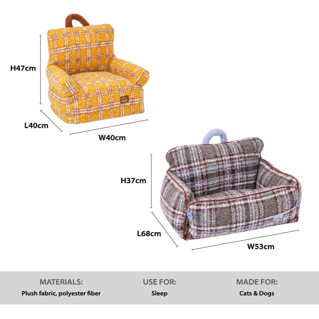 ZEZE Plaid Pet Sofa Bed size guide—Armchair L40×W40×H47 cm; Sofa L68×W53×H37 cm; plush fabric and polyester fiber materials.