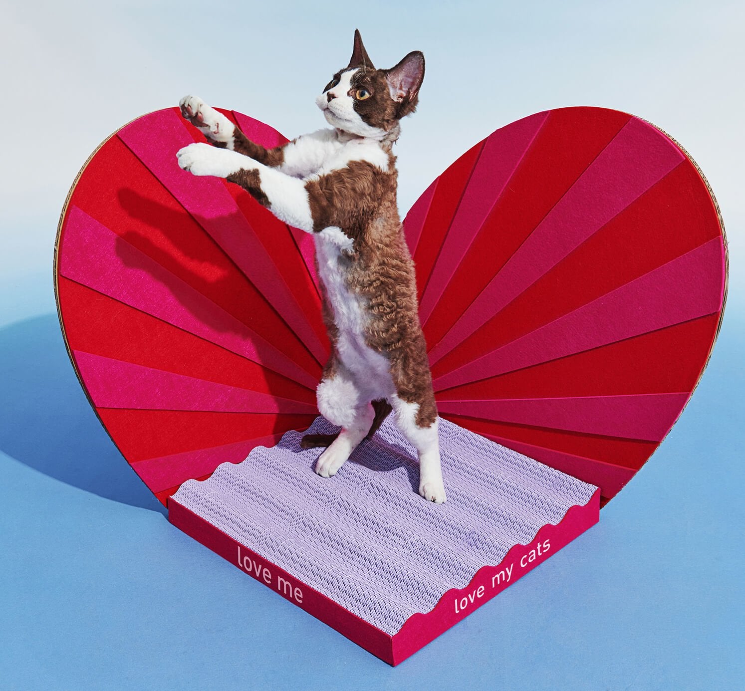 Modern cat scratcher in vibrant red with heart-shaped backdrop, perfect for cat lovers.