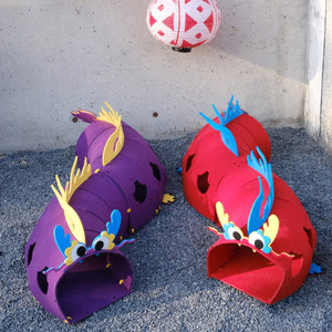 Two colorful felt dragon tunnels (red and purple) for cats - Design Cat Tunnel Toy - Dragon Edition.